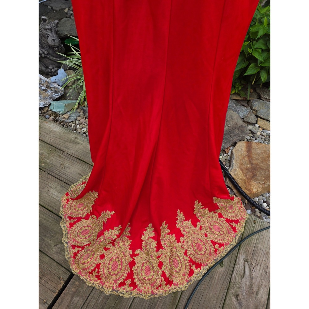 Grace Karin Red Gold Lace Embroidered Evening Gown Sleeveless Formal Prom Dress - Picture 8 of 10